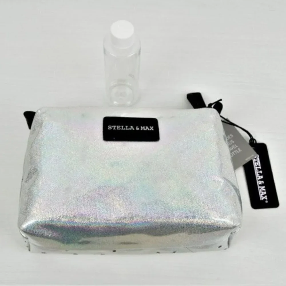 NWT Stella & Max Shine Bright Silver Iridescent Cosmetic Bag with Travel Bottle